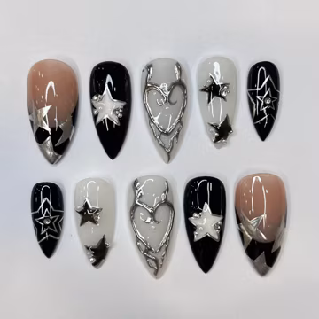 Freestyle Silver Stars Press On Nails, Elegant Fake Nails, Chrome Nails Art, Birthday Party Holiday Nails/ Valentine Nail Set