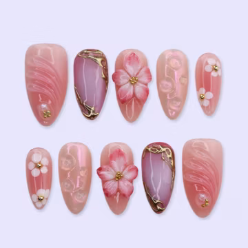 Pink Floral Press On Nails with Aura Chrome & Gold Frame | 3D Fake Nails in Medium Almond | Handmade Nails Artfor Birthday, Spring or Prom