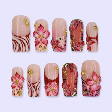 Summer Press On Nails With Hibiscus Flowers, Palm Leaf & Gold Chrome Details | Medium Square Fake Nails | Handmade Nail Art For Holiday