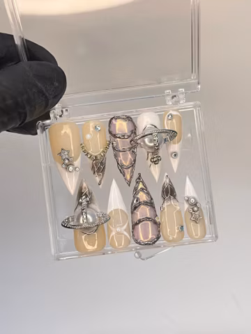 Free Style Chrome Metallic Silver Chrome Press On Nails Goth, Handpainted Gothic Short Stiletto Nails, Y2K Emo Fake Nails