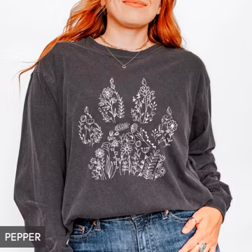 Comfort Colors® Dog LONG Sleeve Shirt, Floral Paw Print, Dog Mom Pet Parent Gift