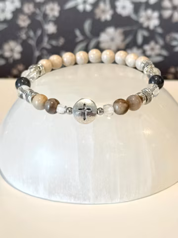 Jasper, Black Labradorite and Clear Quartz Crystal Bracelet with 6mm Beads and Cross- Spiritual