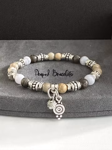 Blue Lace Agate, Chocolate Labradorite and Silver Leaf Jasper, Free Spirit Crystal Bracelet