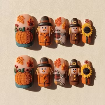 Handmade Thanksgiving Press On Nails | Scarecrow, Pumpkin, Sunflower & Autumn Leaves | Square Nails For Harvest Vibes
