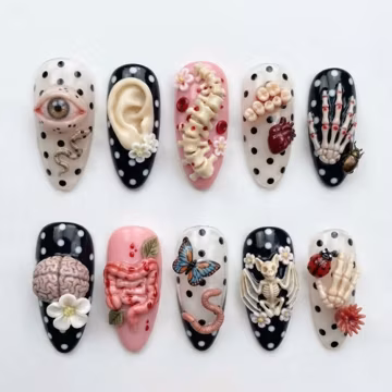 Handmade Gothic Curiosity Cabinet Press On Nails | Anatomical Art, Skeleton, Eye, Butterfly & 3D Oddity Designs | Almond Nails