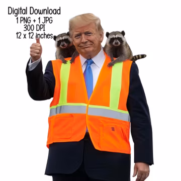 Trump in Orange Safety Vest with Trash Raccoons - Humorous T-Shirt Design Clipart, Digital Download, Sublimation PNG