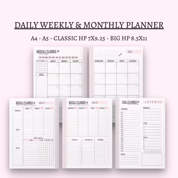 Daily Weekly Monthly Planner Printable: A4, A5, HP (PDF File)