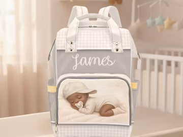 Personalized Baby Boy Diaper Bag Backpack Custom Name Neutral Gingham Nursery Bag New Mom Gift Beige Gray Minimalist Baby Shower Gift Boy