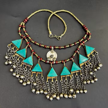 Super Afghanistan Vintage Malachite Stone With Brass Beads Necklace