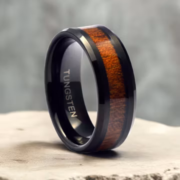Wood Inlay Men's Wedding Band, Black Tungsten Ring for Men, Rustic Wooden Ring