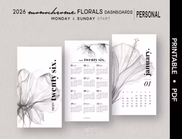 PERSONAL 2026 *MONOCHROME FLORALS* Dashboard Bundle | Printable | Calendar | Sunday+Monday Start