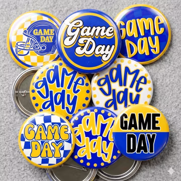Blue and Gold Yellow Game Day Spirit Buttons - Custom Football Tailgate Pin Gift - Add A Mascot or Team - BUY 4 for 19.99