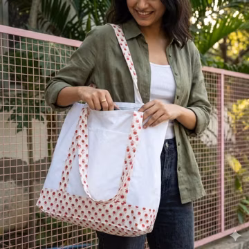 Hand Block Print Tote Bag | White Cotton Canvas Shoulder Shopper Bag