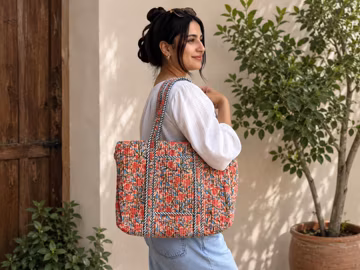 Handmade Quilted Floral Tote Bag: Block Print Cotton Shoulder Bag