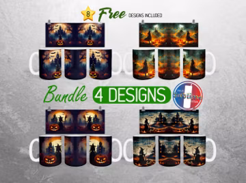Halloween Haunted House Mug Wrap PNG Bundle Spooky Witch 11oz and 15oz Mug Sublimation Design Pumpkins Bats Full Mug Wrap Designs