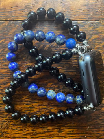 Lapis Lazuli Black Obsidian Stainless Steel Beaded Apple Watch Band