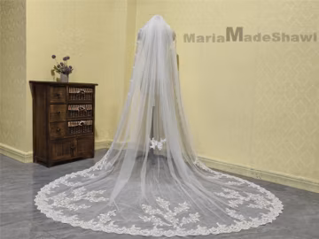 Cathedral Wedding Sequin Lace Applique Veil, Fashion Bridal Sequin Lace Veil, White Ivory One Layer Sequin Lace Applique Veil