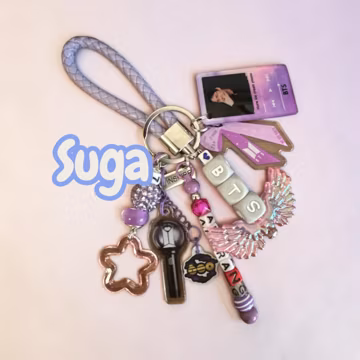 B T S Suga Bag Charms (Purple)– Handmade Acrylics – Boy Band Character Accessory