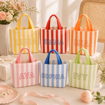 Personalized Striped Tote Bag, Custom Name Beach Bag, Bridesmaid Gift Tote, Kids Canvas Bag, Birthday Gift for Girls, Flower Girl Bag