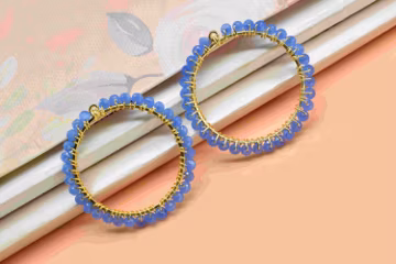 Blue Quartz Beaded Hoops Earring, Handmade Earring, Wire Wrapped Dangle Connector, Circle Pendant Component,Finding Component Quartz Jewelry
