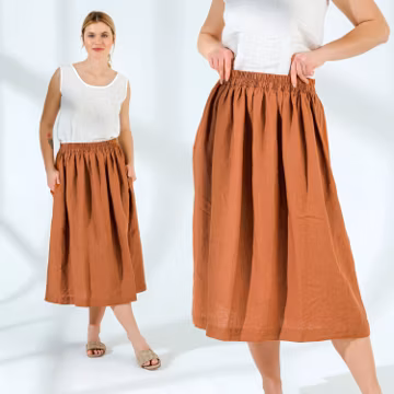 Washed Linen Midi Skirt with Pockets | Pleated Elastic Waist