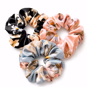 Floral Satin Scrunchie Set of 3, Pink, Blue, Black Hair Ties, Soft No-Crease Ponytail Holders, Handmade Gift for Her