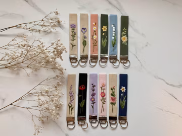 Hand-Embroidered Birth Month Flower Wrist Lanyard: Linen Floral Keychain