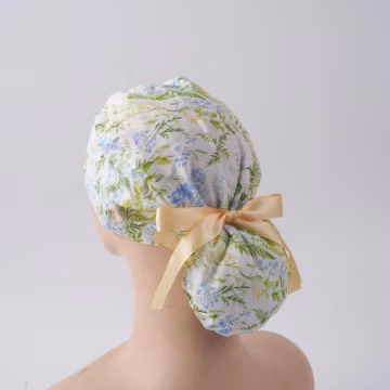 Watercolor Botianical Ponytail Scrub Cap: Blue Yellow Flowers on White, Handmade Cotton Surgical Hat with Sweatband & Mask Buttons