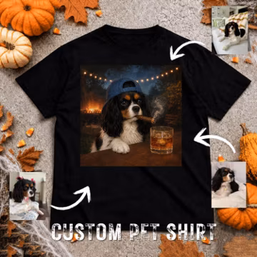 Custom Dog Drinking Whiskey Shirt, Personalized Pet Portrait T-Shirt, Funny Dog Cigar Tee, Custom Pet Gift for Dog Dad, Memorial Pet Shirt