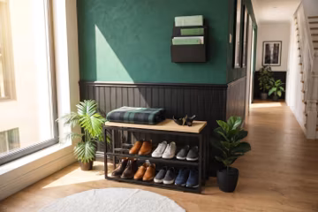 Two-Tier Industrial Shoe Bench: Oak & Metal Hallway Storage