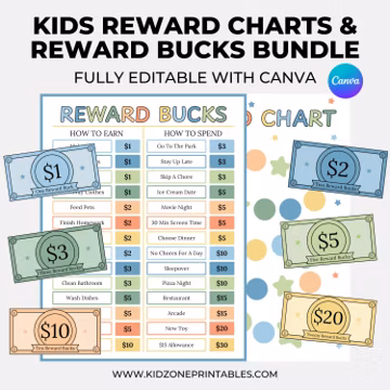 Editable Kids Reward Bucks and Chart - Printable - Reward Bucks - Chore Chart - Digital Download - Canva Template - Sticker Chart