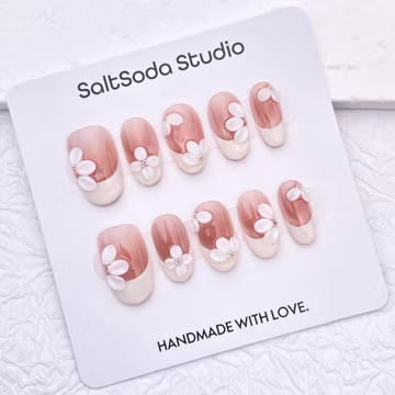 Flower Handmade Press On Nails: Pink Cat Eye, Short Oval, White French Tip