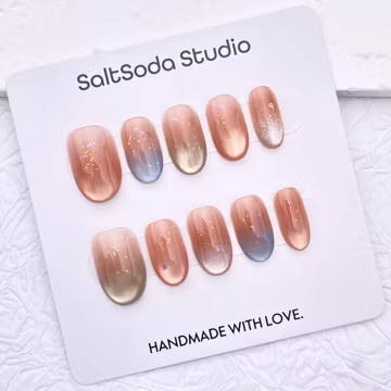 Glitter Handmade Press On Nails: Colorful Cat Eye French Tip, Short Oval
