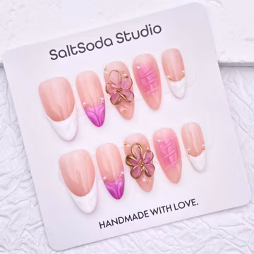 Golden Flower Handmade Press On Nails: White Pink French Tip, Almond Shape