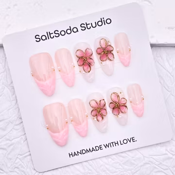 Golden Flower Handmade Press On Nails: Almond Shape, Pink French Tip