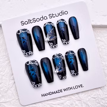 Handmade Mermaid Cat Eye Press On Nails: Ocean Coffin Shape