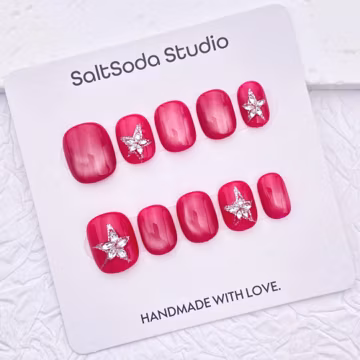 Glitter Crystal Star Handmade Press On Nails: Pink Cat Eye, Short Round