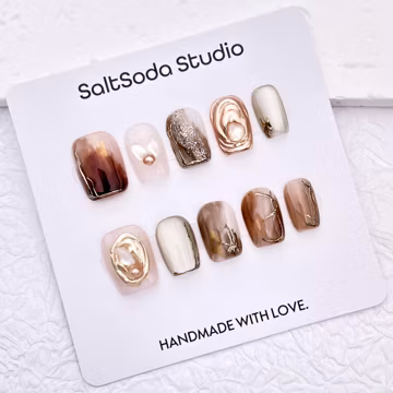 Glitter Gold Handmade Press On Nails: Brown Tie Dye, Short Square