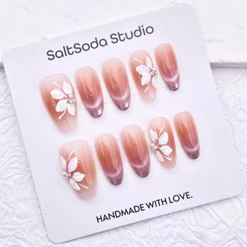 Flower Handmade Press On Nails: Glitter French Tip, Light Pink, Oval Shape