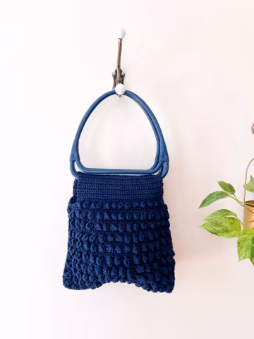 Vintage Blue Macrame Purse / Bubble Knit / Boho Woven Top Handle Bag / Bamboo Handles