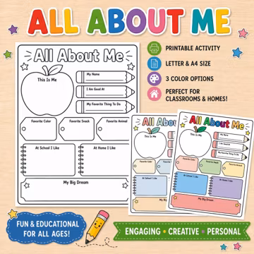 All About Me Worksheet — Back to School Printable Activity — Student Introduction Page — Classroom Activity — Get to know Me — First Day PDF