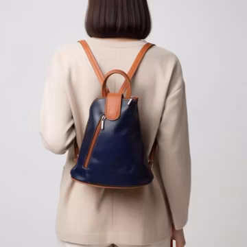 Mini Italian Leather Backpack | Navy & Brown Rucksack