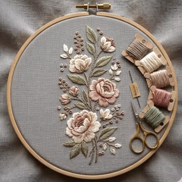 Neutral Floral Embroidery Pattern, Vintage Botanical Design, Beige Linen Hoop Art (PDF Download)