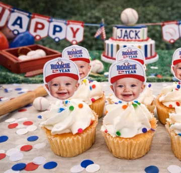 Baseball Cupcake Toppers | Baseball Photo Head | Party Supplies | Rookie of the Year | Party Decor | Birthday Toppers | First Birthday