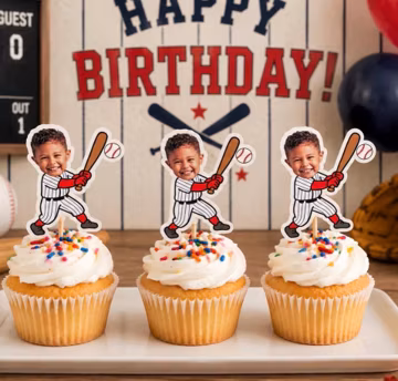 Baseball Cupcake Toppers | Personalized with face | 2.9 inch| Party Decorations | Rookie of the Year | Party Theme | 1st Birthday Idea