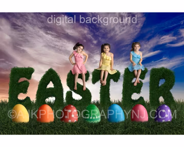 Easter digital background, giant bush letters spelling Easter, giant Easter eggs in a field, Easter bush letters, digital backdrop