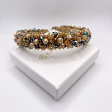 Golden Champagne and Olive Green Beaded Thin Headband Gold Mixed Jeweled Headpiece For Special Occasion Baroque Headband With Crystal Beads