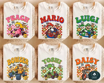 Retro Super Mario Kart Bros Movie Shirt, Mario Peach Yoshi Epic Universe Family Shirt, Mario Birthday Group Shirt, Family Matching Shirt