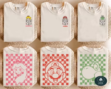2-sided Super Mario Retro Checkered Shirt, Family Matching Holiday Trip Matching Tee, Super Mario Birthday Trip Gifts