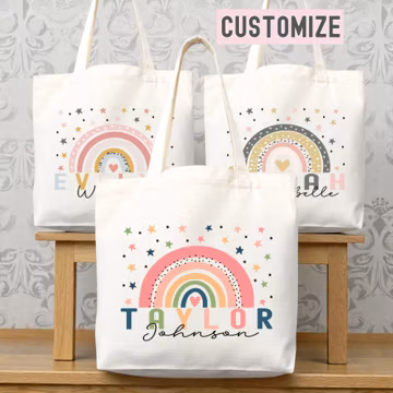 Personalized Name Tote Bag Rainbow School Tote Gift Custom Name Tote Bag Library Teacher Bag Customized Name Gift For Her Kids School Bag